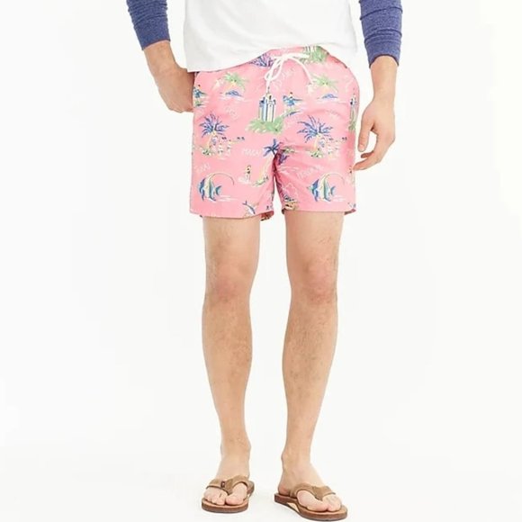 J. CREW 6" Swim Trunk Hawaiian Aloha Print Tropical Pink {Z51} - Picture 1 of 6